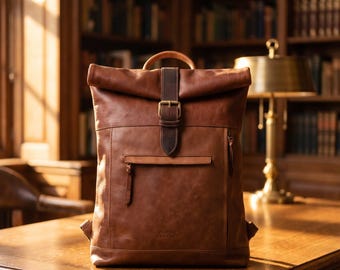 Handgjord Bison Leather Roll Top-ryggsäck: Rustik reseryggsäck