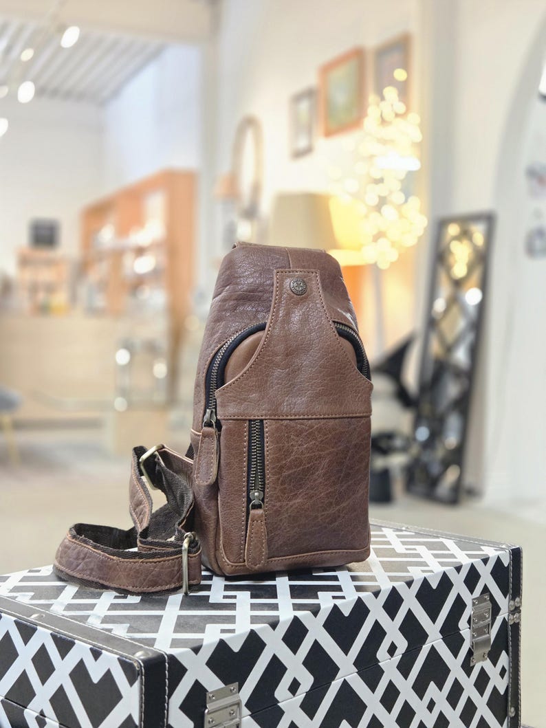 Handcrafted Bison Leather Light brown Crossbody Bag: Full-Grain bison Sling, Christmas gift for him Light Brown Bison