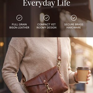 May include: A brown leather crossbody bag with a flap closure, brass hardware, and an adjustable strap. The text reads: Hands-Free Style For Everyday Life, Full Grain Bison Leather, Compact Yet Roomy Design, Secure Brass Hardware.