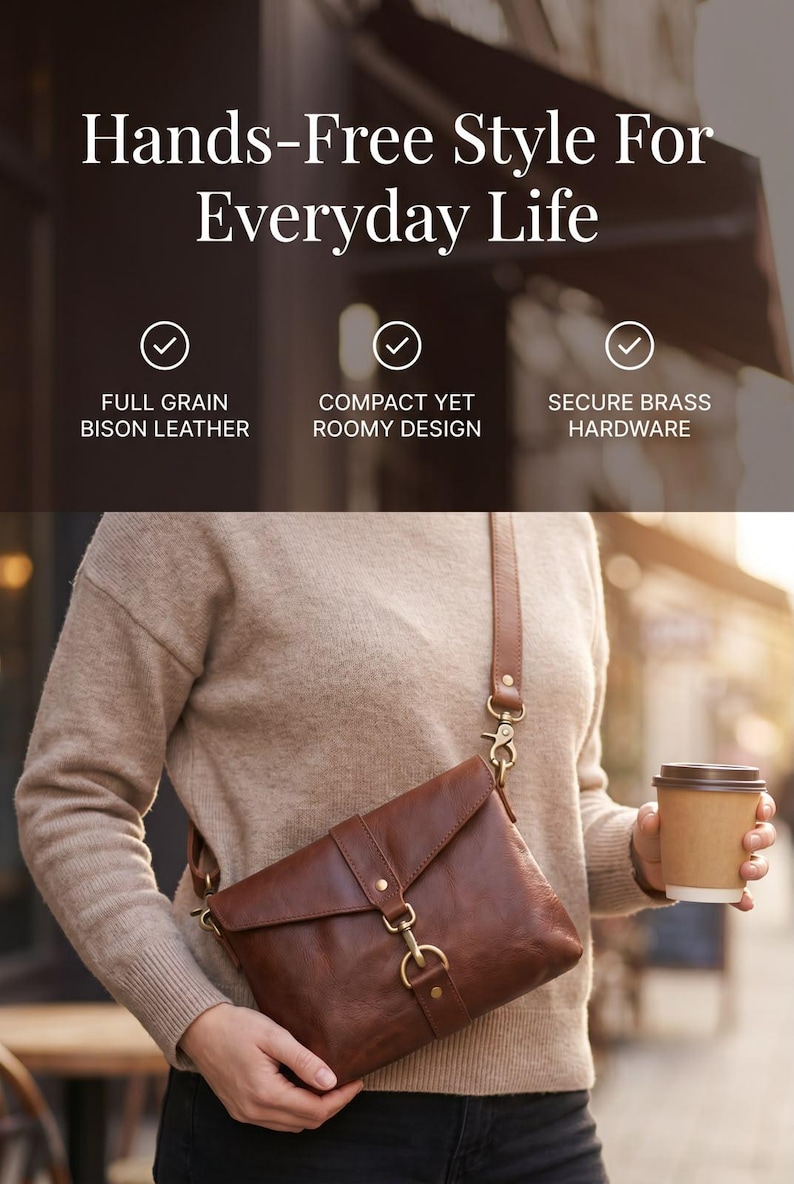 May include: A brown leather crossbody bag with a flap closure, brass hardware, and an adjustable strap. The text reads: Hands-Free Style For Everyday Life, Full Grain Bison Leather, Compact Yet Roomy Design, Secure Brass Hardware.