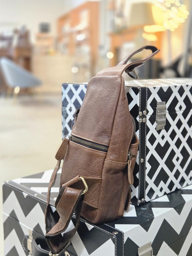 Handcrafted Bison Leather Light brown Crossbody Bag: Full-Grain bison Sling, Christmas gift for him image 7