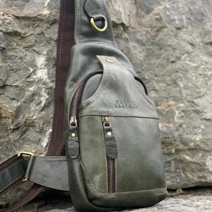 Handcrafted Bison Leather Light brown Crossbody Bag: Full-Grain bison Sling, Christmas gift for him Olive Green
