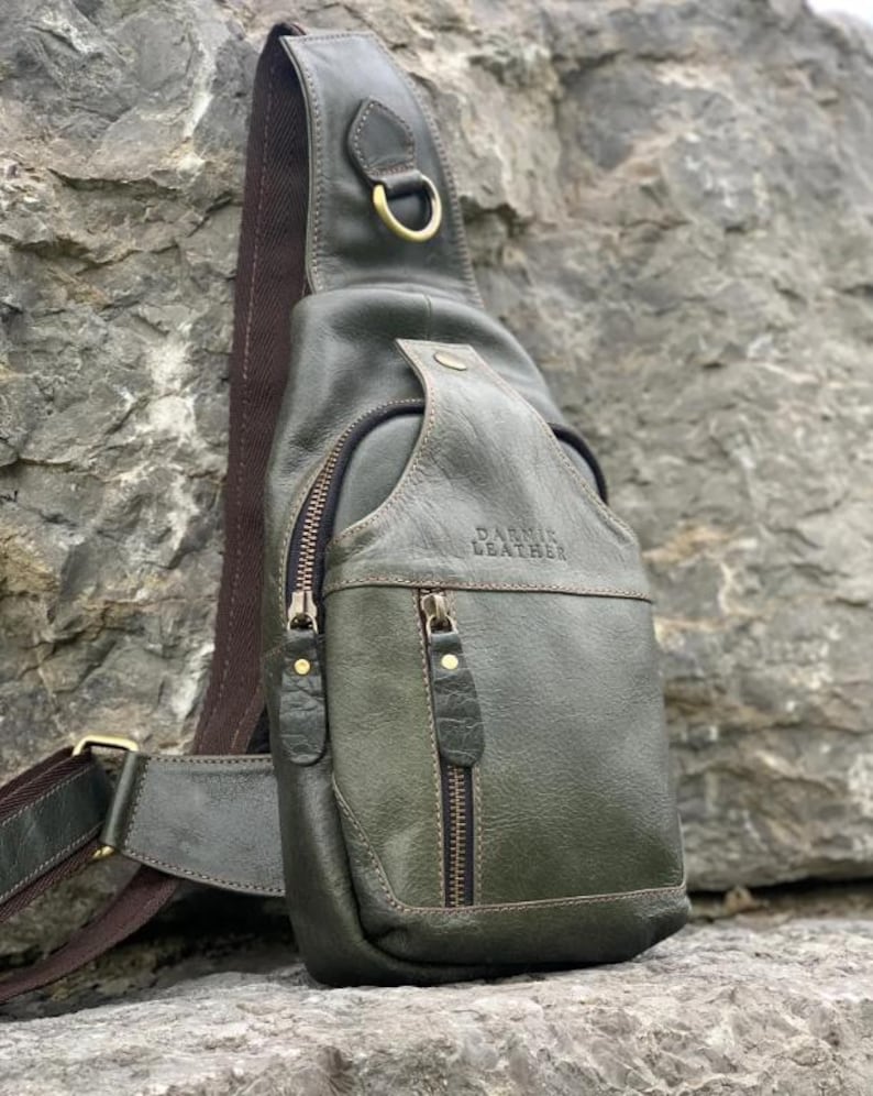 Handcrafted Bison Leather Light brown Crossbody Bag: Full-Grain bison Sling, Christmas gift for him Olive Green