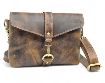 Leather Phone Bag, Compact Crossbody, Vintage Brown, Lightweight Travel