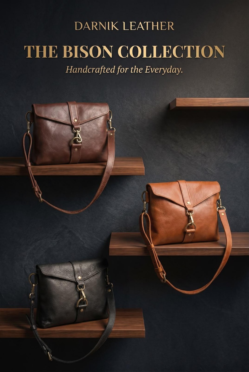 May include: Three leather crossbody bags in dark brown, tan, and black, each featuring a fold-over flap, a central metal clasp, and an adjustable shoulder strap. The text DARNIK LEATHER THE BISON COLLECTION Handcrafted for the Everyday is visible.