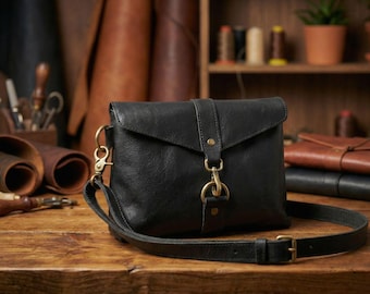 Black Bison Leather Sling Bag, Crossbody Purse for Women, Handmade Leather Shoulder Bag, Everyday Travel Bag, Gift for Her