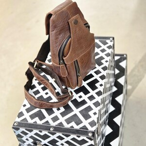 Handcrafted Bison Leather Light brown Crossbody Bag: Full-Grain bison Sling, Christmas gift for him image 8