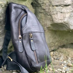 Handcrafted Bison Leather Light brown Crossbody Bag: Full-Grain bison Sling, Christmas gift for him Black Cowhide