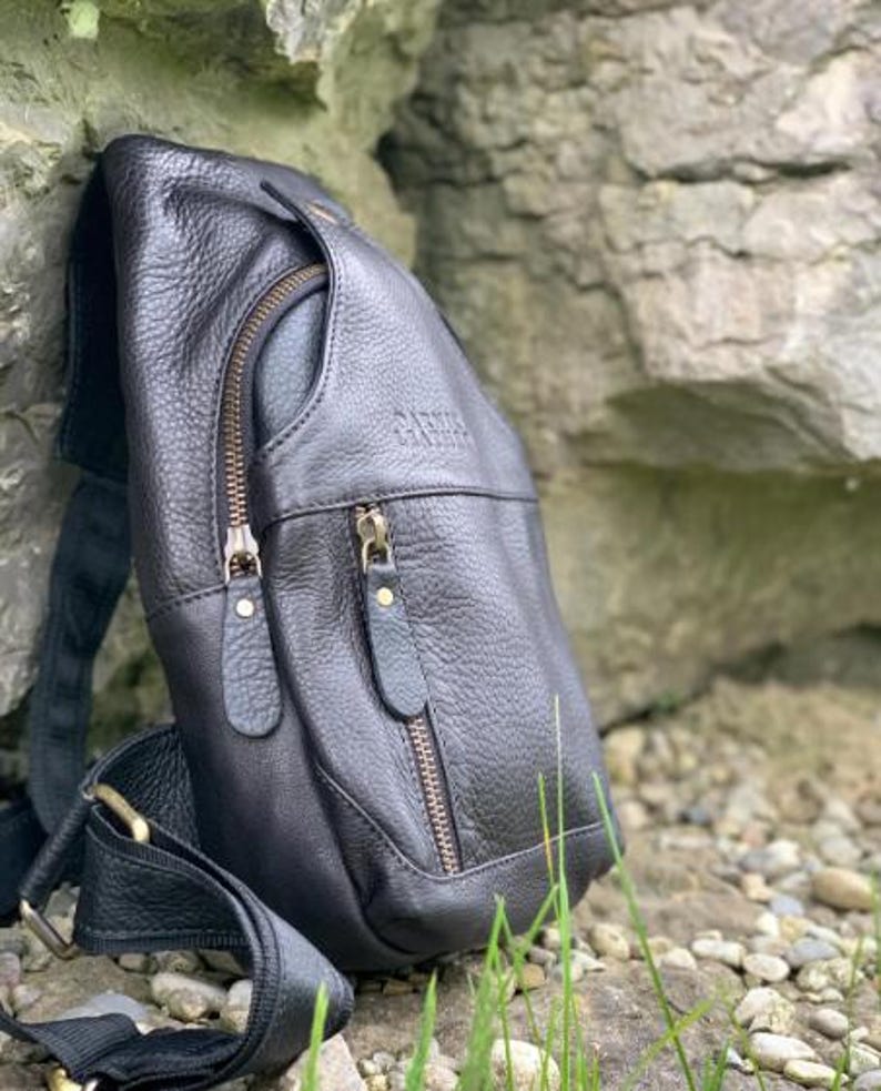 Handcrafted Bison Leather Light brown Crossbody Bag: Full-Grain bison Sling, Christmas gift for him Black Cowhide