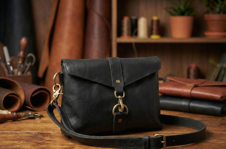 Black bison leather crossbody sling bag for women with flap and adjustable strap, handmade.