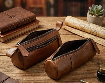 Personalized Handmade Leather Pencil Pouch – Zippered Stationery Case for Pens, Pencils & Travel Essentials