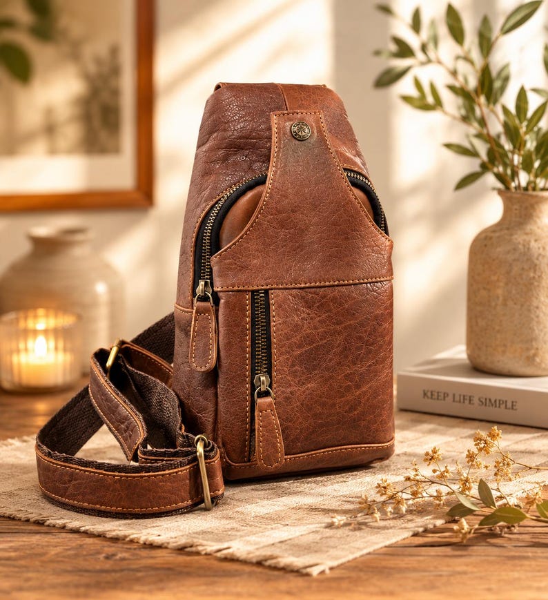May include: A brown leather sling bag featuring a textured surface, multiple zippered compartments with black lining, a vertical front pocket, and an adjustable brown fabric strap with antique brass-toned metal hardware and a small circular stud.