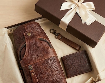 Set de regalo de piel de bisonte: bandolera, cartera y llavero