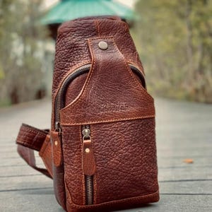 Handcrafted Bison Leather Light brown Crossbody Bag: Full-Grain bison Sling, Christmas gift for him Bison Brown