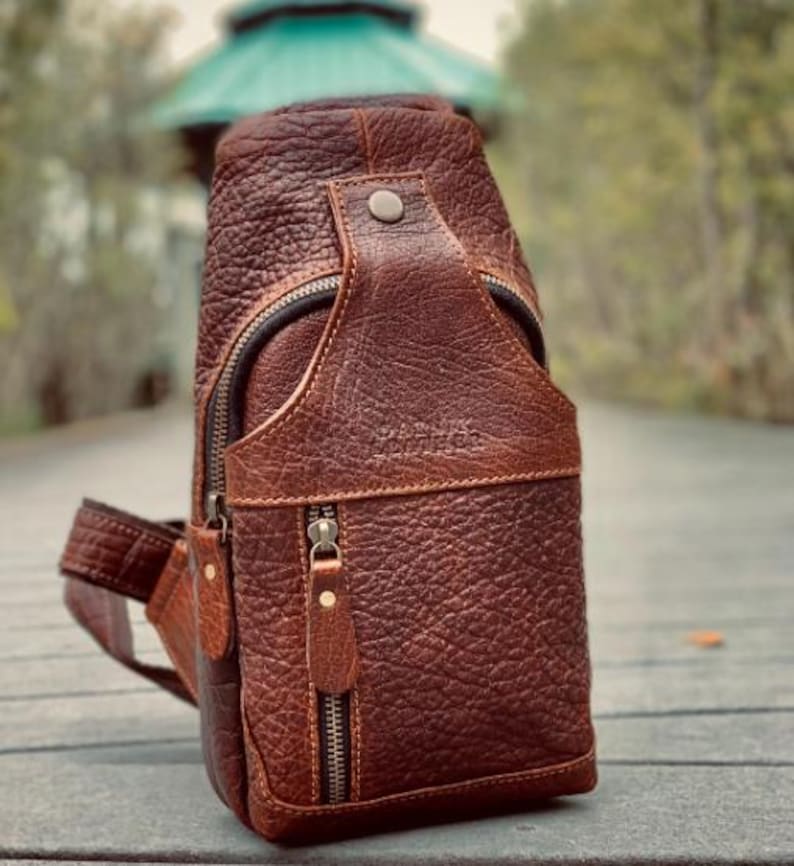 Handcrafted Bison Leather Light brown Crossbody Bag: Full-Grain bison Sling, Christmas gift for him Bison Brown