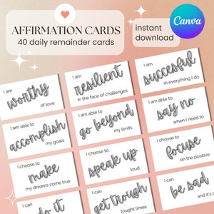 Könnte beinhalten: Set mit 40 Affirmationskarten mit positiven Botschaften, die in grauer Schrift auf weißen Karten gedruckt sind. Die Karten zeigen Sätze wie "Ich bin wertvoll", "Ich bin widerstandsfähig", "Ich bin in der Lage, meine Ziele zu erreichen", "Ich wähle, meine Träume wahr werden zu lassen", "Ich kann es schaffen", "Ich bin in der Lage, über meine Grenzen hinauszugehen", "Ich wähle, laut zu sprechen", "Ich kann schwierige Zeiten überstehen", "Ich bin erfolgreich in allem, was ich tue", "Ich bin in der Lage, nein zu sagen, wenn ich es brauche", "Ich wähle, mich auf das Positive zu konzentrieren", "Ich kann traurig sein, und das ist okay".