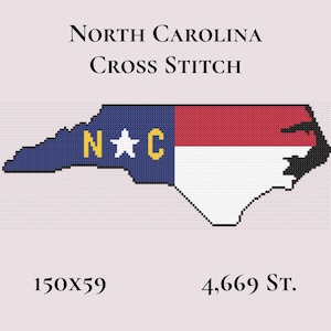 May include: A cross stitch pattern of the North Carolina state flag shaped like the state map. The design features the text North Carolina Cross Stitch, 150x59, and 4,669 St. The flag includes a blue section with a white star and yellow N and C.