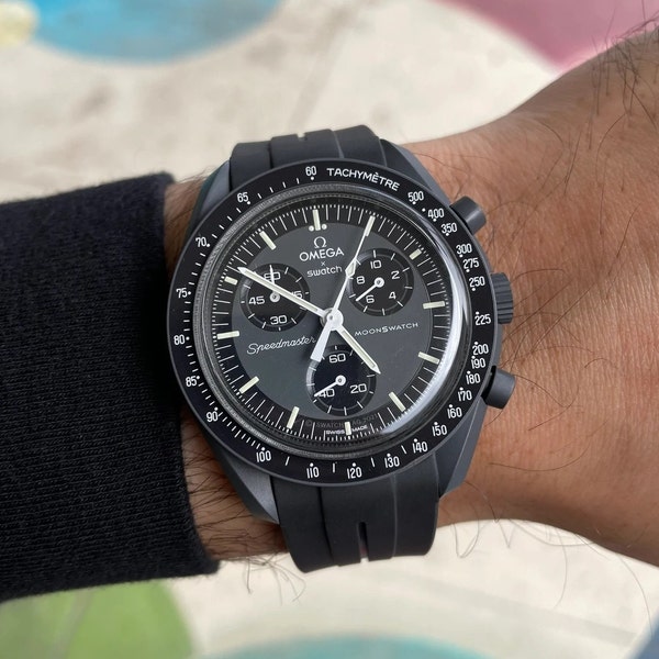 Bracelet de montre en caoutchouc noir 20 mm pour Omega Swatch Speedmaster, extrémités incurvées