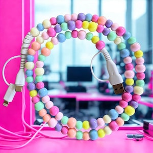 Może przedstawiać: Kolorowy kabel ładujący z koralikami. Kabel posiada różnorodne pastelowe koraliki, w tym różowe, żółte, niebieskie i fioletowe. Kabel posiada białe złącze USB i białe złącze Lightning.