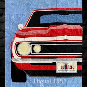 May include: A quilt featuring a red, black, and white car design against a light blue background. The quilt includes a license plate that reads "quILter." The text "Digital FPP Pattern" is displayed at the bottom.