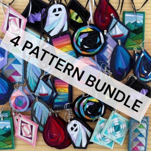 May include: A collection of fabric-based jewellery pieces featuring various geometric and landscape designs in diverse colours, including blues, greens, reds, and purples, with metal earring hooks and pendant bails, overlaid with the text 4 PATTERN BUNDLE.