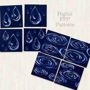 May include: Eight square fabric blocks featuring dark blue backgrounds with pieced designs of light blue and white water droplets and circular ripples. The text Digital FPP Patterns is printed in the upper right corner of the image.