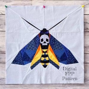 10" 12" 18" FPP Death Moth Quilt Block Pattern: Foundation Paper Piecing, Death's Head Hawkmoth Mini Quilt (PDF Download)