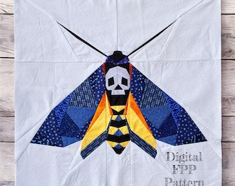 10" 12" 18" FPP Death Moth Quilt Block Pattern: Foundation Paper Piecing, Death's Head Hawkmoth Mini Quilt (PDF Download)