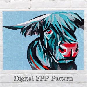 30" & 40" FPP Blue Coo Quilt Pattern: Foundation Paper Piecing Wall Hanging, Highland Cow (PDF Download)