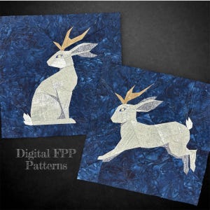 May include: Two digital FPP patterns featuring white rabbits with golden antlers on a dark blue, textured background. One rabbit is seated, the other is leaping. The text "Digital FPP Patterns" is visible.