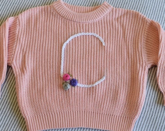 Hand Embroidered Personalised Letter Jumper | Knit Jumper | Baby Gift |  Kids Knitwear | Bespoke |