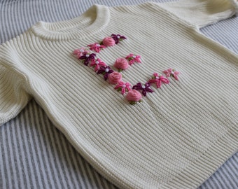 Hand Embroidered Personalised Floral Letter Jumper | Knit Jumper | Baby Gift | Kids Knitwear | Bespoke