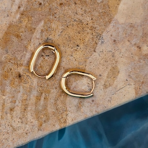 18k Gold Plated Oval Hoop Earrings Waterproof & Tarnish-Free U-Shaped Rectangle Hoops Durable Stainless Steel Jewellery