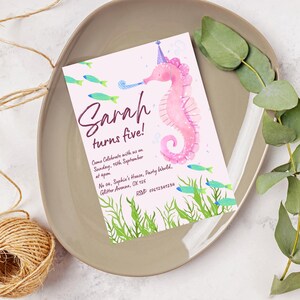 May include: A pink birthday invitation with a seahorse illustration and the text "Sarah turns five!" The invitation includes details for a party at Sophie's House, Party World, on September 15th.