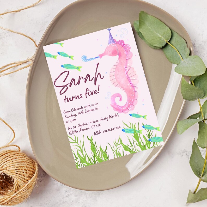 May include: A pink birthday invitation with a seahorse illustration and the text "Sarah turns five!" The invitation includes details for a party at Sophie's House, Party World, on September 15th.