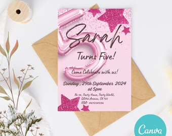 Digital 5th Birthday Invitation, Editable, Pink Invite, Girls Birthday, iPhone compatible, Cute Birthday Invitation, Sharable Invite