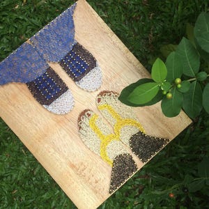 May include: String art of two pairs of footwear on a wooden board. One pair of shoes is blue and brown, the other yellow and brown. The artwork is set against a backdrop of green grass and foliage.