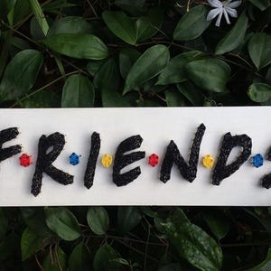 Puede incluir: Un letrero rectangular blanco con la palabra "FRIENDS" escrita en letras negras texturizadas. Las letras están acentuadas con detalles coloridos: rojo, azul y amarillo. El letrero está sobre un fondo de follaje verde.