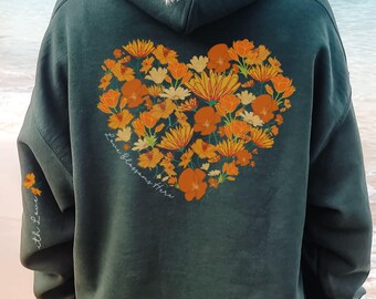 Boho Wildflower Hoodie, Cottagecore Floral Heart Pullover, Sleeve Bloom In Love Detail