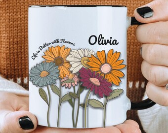 Personalized Wildflower Mug, 3D Daisy Coffee Cup, Custom Flower Gift