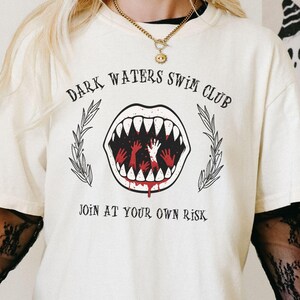 Bloody Shark Teeth Graphic Tee, Dark Waters Swim Club Shirt