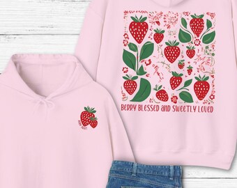Adorable Strawberry Floral Hoodie, Cute Strawberries Aesthetic Sweatshirt, Botanical Garden Hoodie, Sweet Berry Top, Perfect Summer Gift