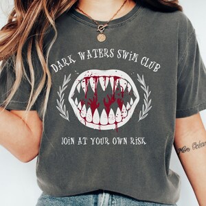 Dark Waters Swim Club Graphic Tee, Funny Shark Teeth Shirt
