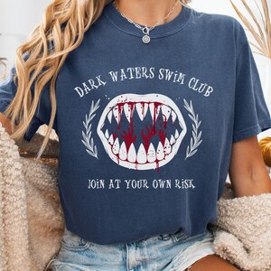 Funny Dark Waters Swim Club T-Shirt, Bloody Bite Shark Teeth Graphic Tee