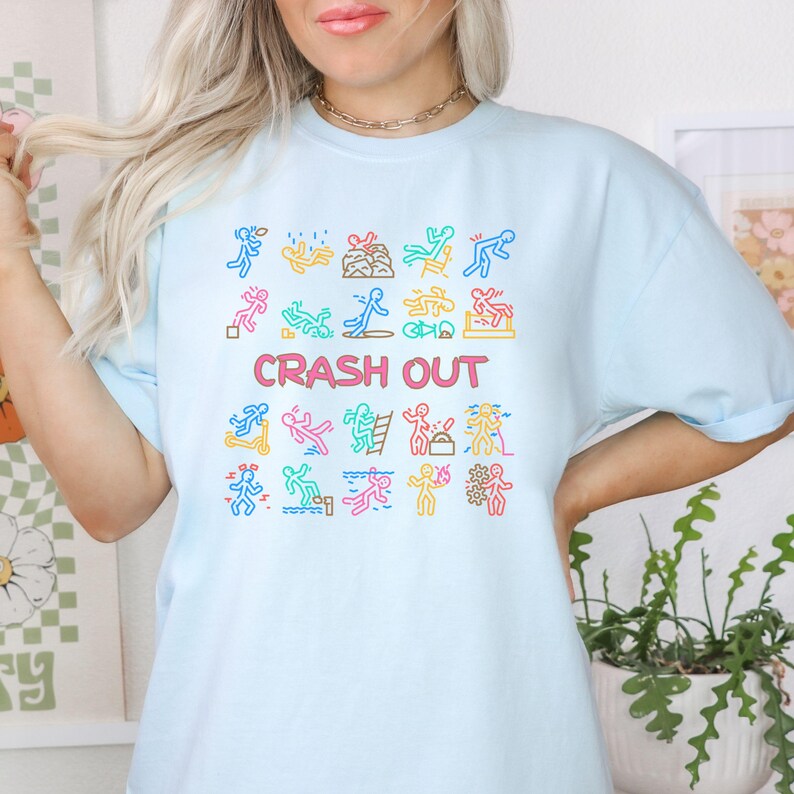Funny crash out shirt featuring Gen Z slang and TikTok-inspired humor. Perfect gift for teens, middle schoolers, or gaming enthusiasts. Trendy, sarcastic graphic tee with comfortable fabric, ideal for birthdays, lounging, or school style.