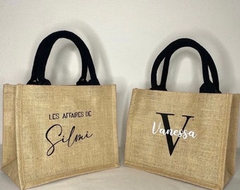 Personalized burlap bag - Burlap bag with black handles - Tote bag