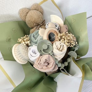 Green and beige birth bouquet - Newborn girl and boy bouquet - Birth bouquet - Baby bouquet - Personalized bouquet