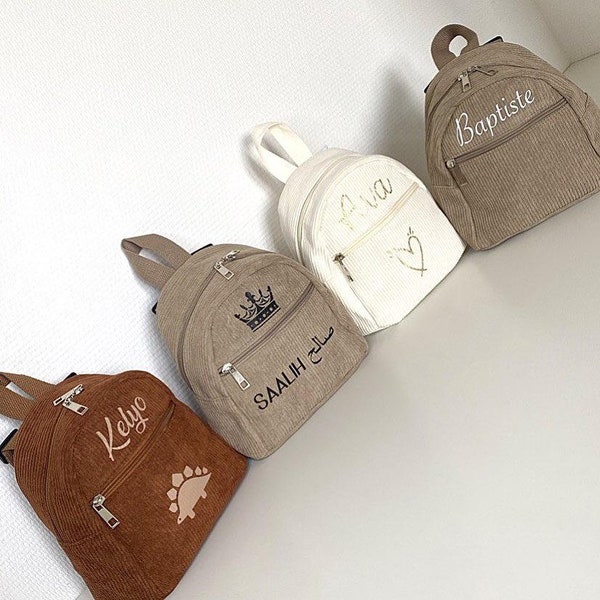 Sac à Dos Enfant Personnalisable Brodé - Velours Côtelé, Ours, Taille 25x28cm