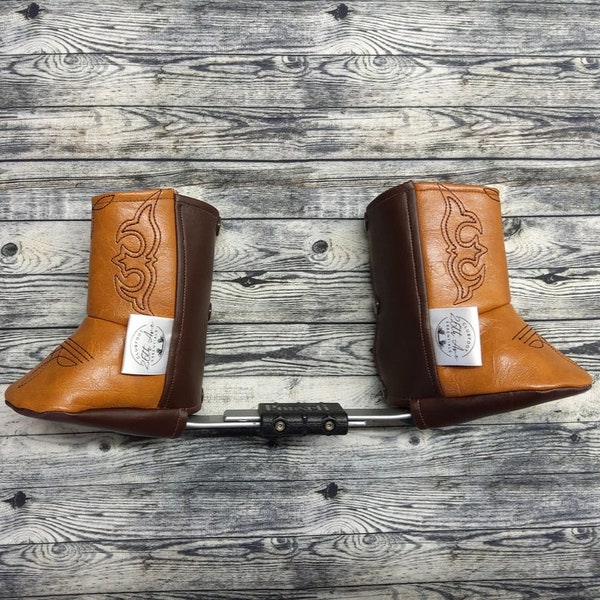 Western Clubfoot Boot Covers, Caramel & Brown Leather + Cowboy Embroidery Design