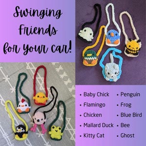 Peut inclure: Un ensemble de neuf peluches d'animaux en crochet avec des sangles colorées, suspendues à un rétroviseur de voiture. Les animaux comprennent un pingouin, un poussin, un flamant rose, un poulet, une grenouille, un oiseau bleu, une abeille, un canard colvert et un fantôme.